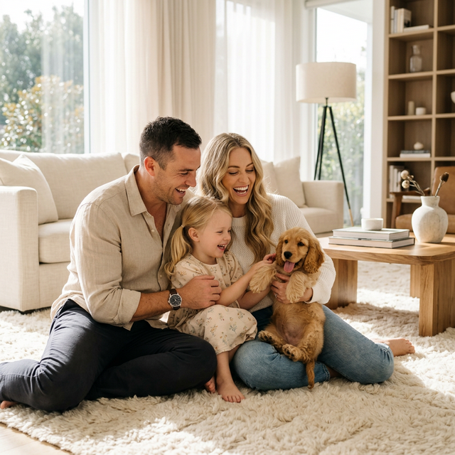 Happy family with puppy